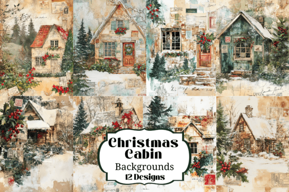 12 Christmas Cabin Winter Scene Illustrations