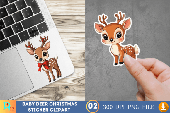 Baby Deer Christmas Sticker Clipart Illustrations