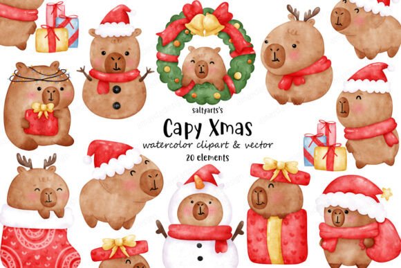 Capybara Christmas Holiday Clipart Illustrations