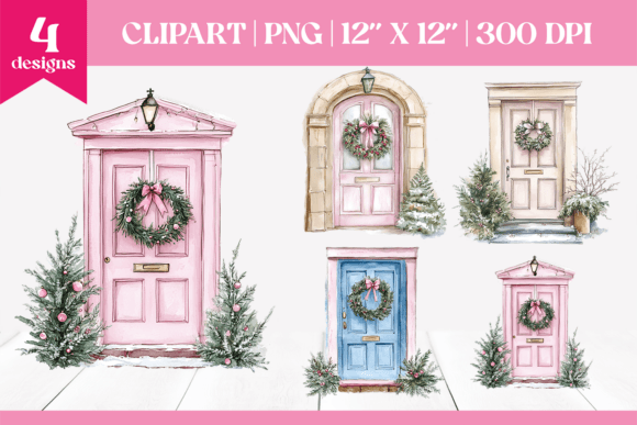 Christmas Door Clipart with Wreaths PNG for Illustrations