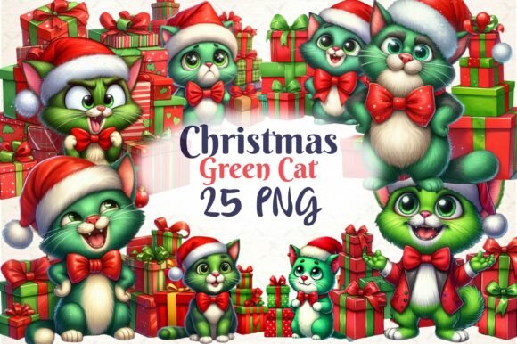Christmas Green Cat ClipArt: Festive Illustrations