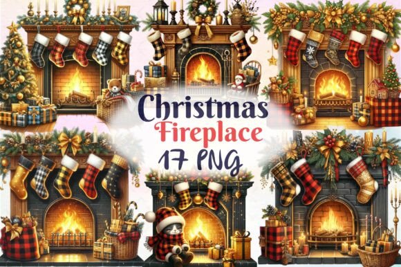 Christmas Plaid Cozy Fireplace Clipart Illustrations