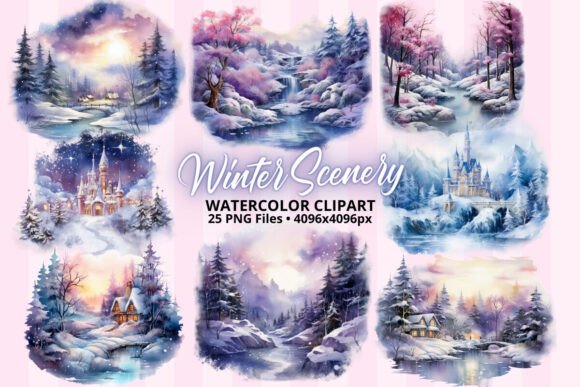 Christmas Winter Scenery Watercolor PNG Illustrations