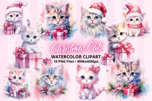 Cute Christmas Cats Kittens Pink X-mas Illustrations