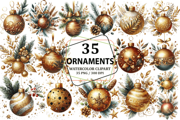 Gold Glitter Christmas Ornament Clipart: Illustrations
