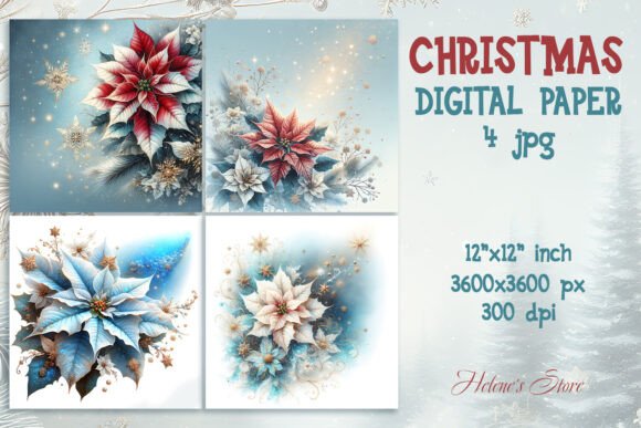 Vintage Christmas Digital Paper Set Illustrations