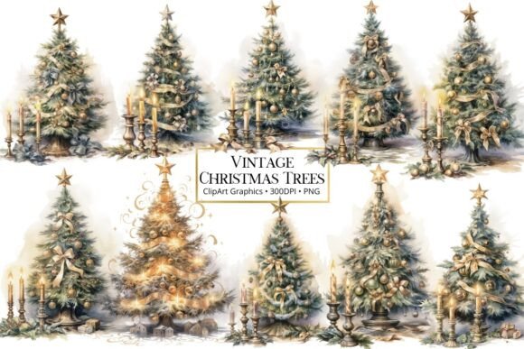 Vintage Christmas Trees Watercolor PNG for Illustrations