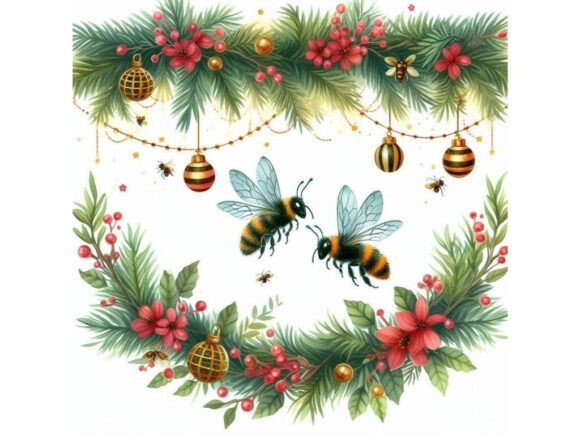 Watercolor Christmas Garland with Buzzin Illustrations