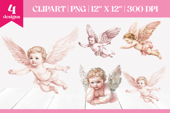 Watercolor Pink Christmas Cherubs Clipart Illustrations