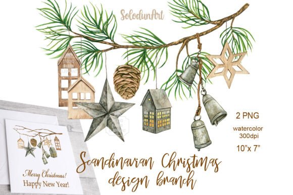 Watercolor Scandinavian Christmas Branch Illustrations